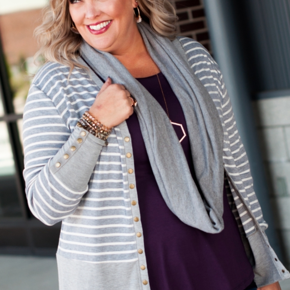 Gray Striped Cardigan with Purple Top